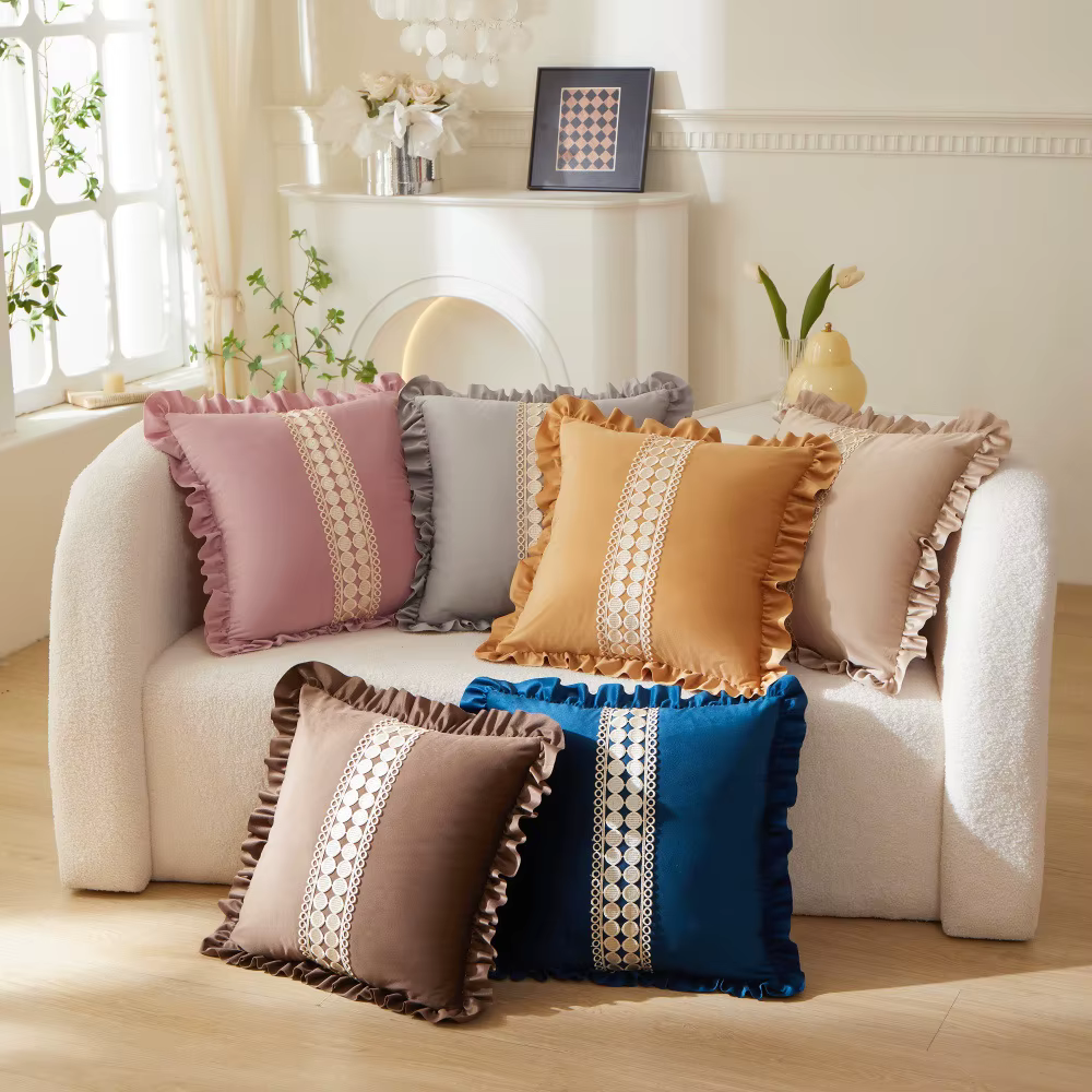 Housse de coussin décorative 2 pièces en velours hollandais à volants