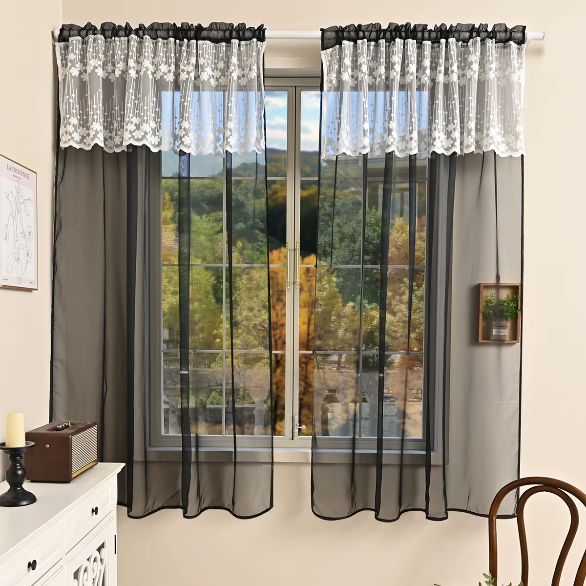 Rideaux Transparents Noirs avec Dentelle Blanche pour Salon et Chambre à Coucher