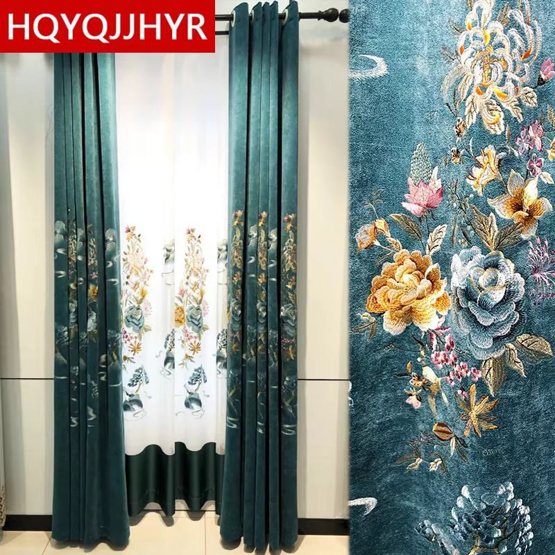 Rideaux occultants brodés bleu-vert américain pour chambre à coucher