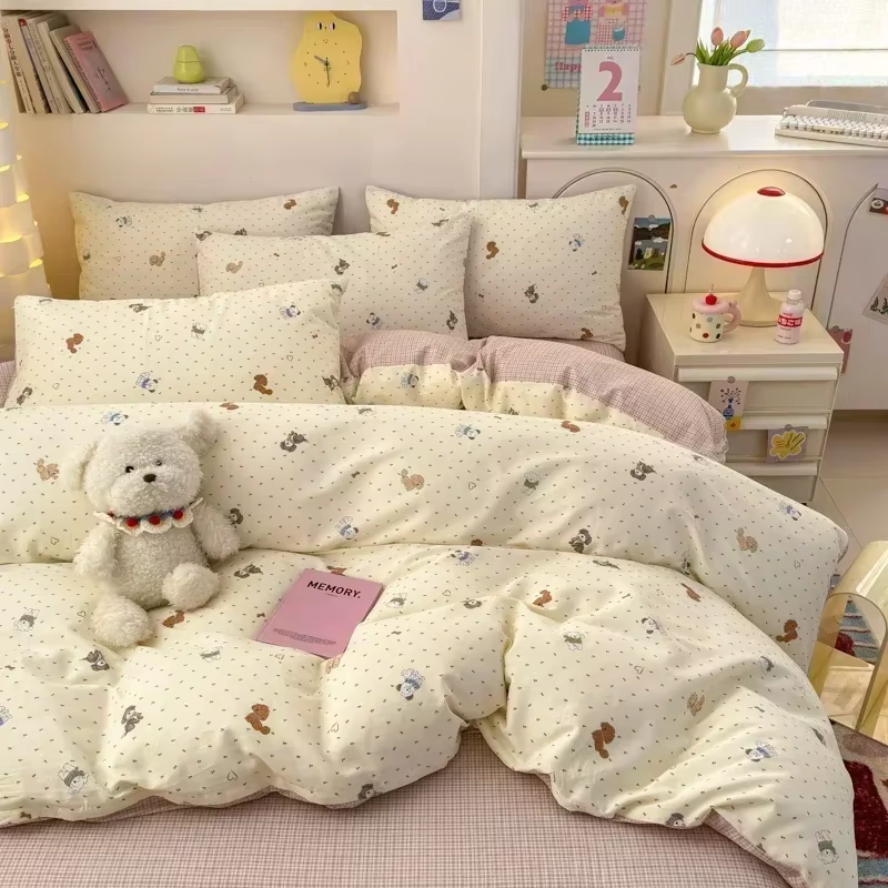 Parure de lit 4 pièces 100% coton (1 housse de couette 2 taies d'oreiller 1 drap)