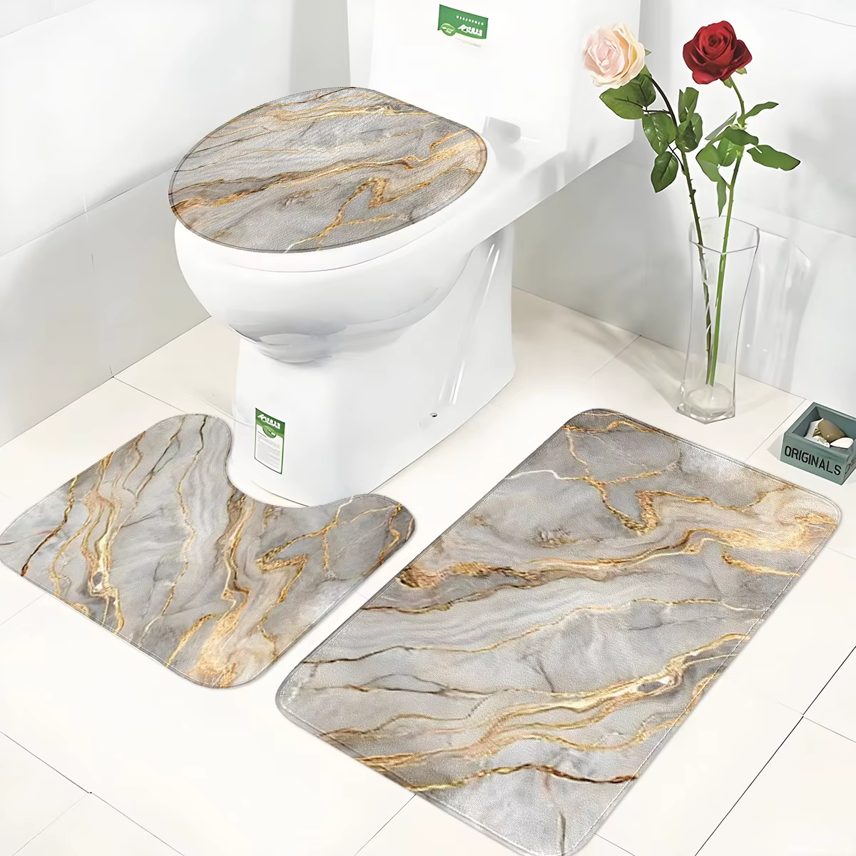 Ensemble de salle de bain trois pièces en marbre gris doré : tapis de toilette en flanelle +