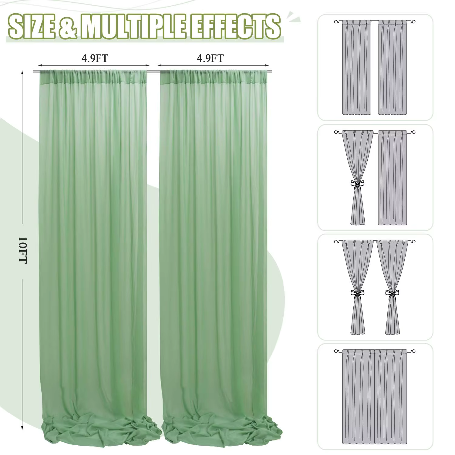 Rideaux vert sauge en mousseline de soie transparente