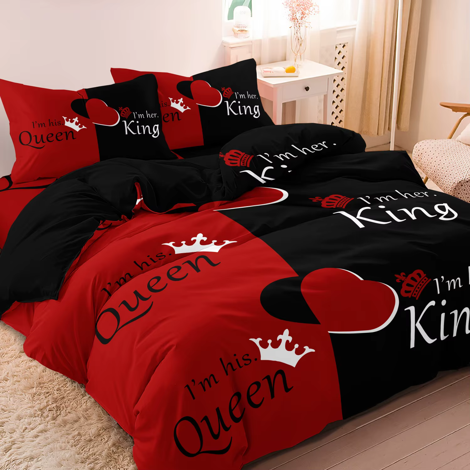 Ensemble de literie 3 pièces rouge et noir avec motif couronne et lettres anglaises