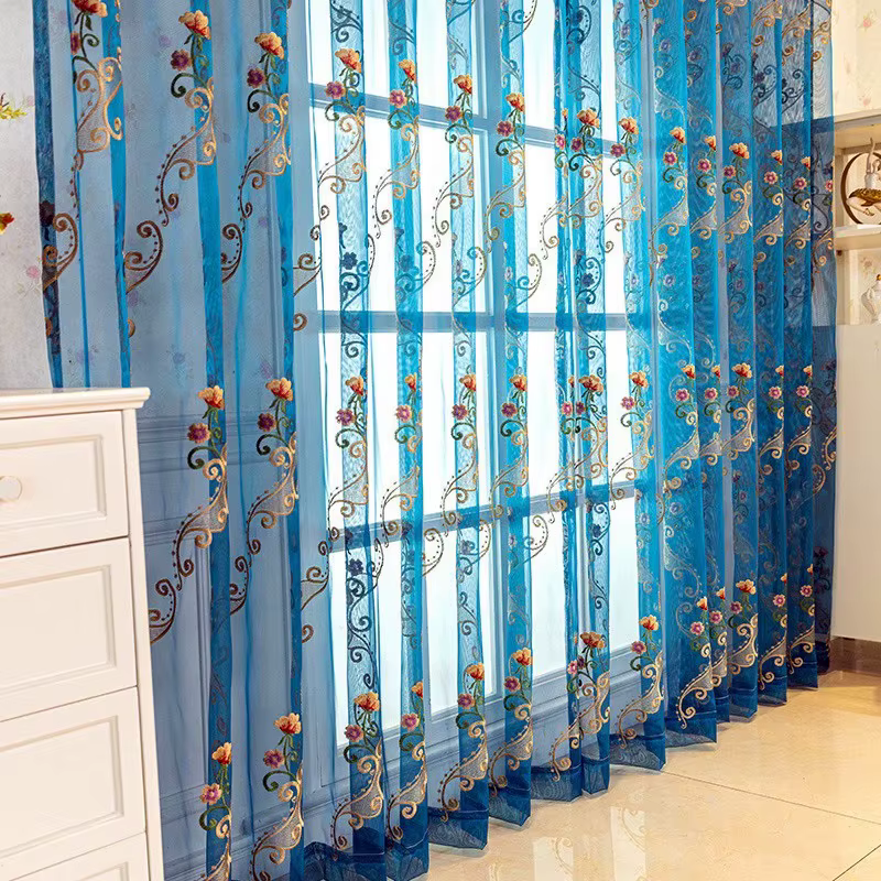 Rideaux de gaze transparents bleus brodés haut de gamme de campagne de Style coréen
