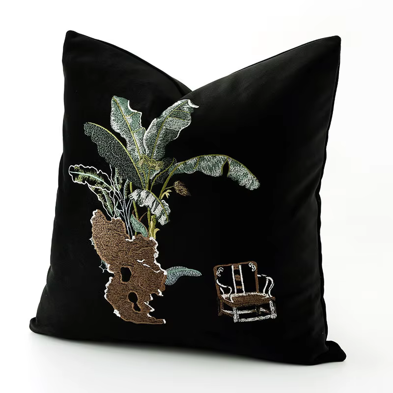 Juste de coussin brodée noire haut de gamme