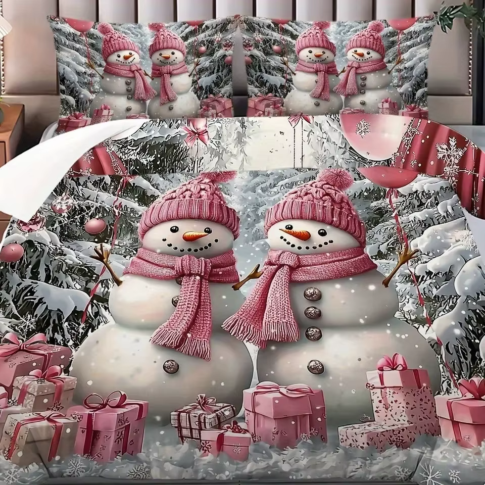Ensemble de housse de bonhomme de neige de Noël avec chapeaux roses