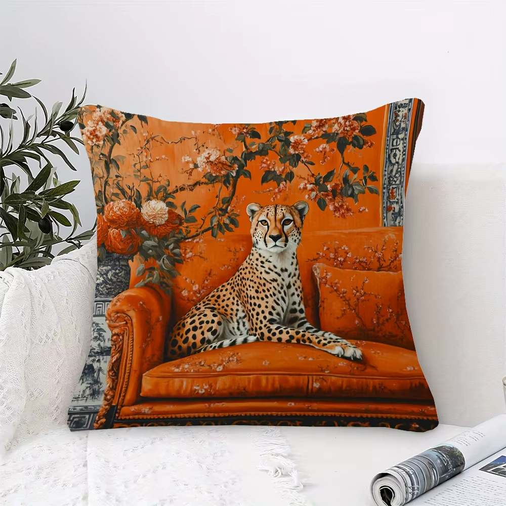 1 housse de coussin décorative élégante motif guépard en chinoiserie orange
