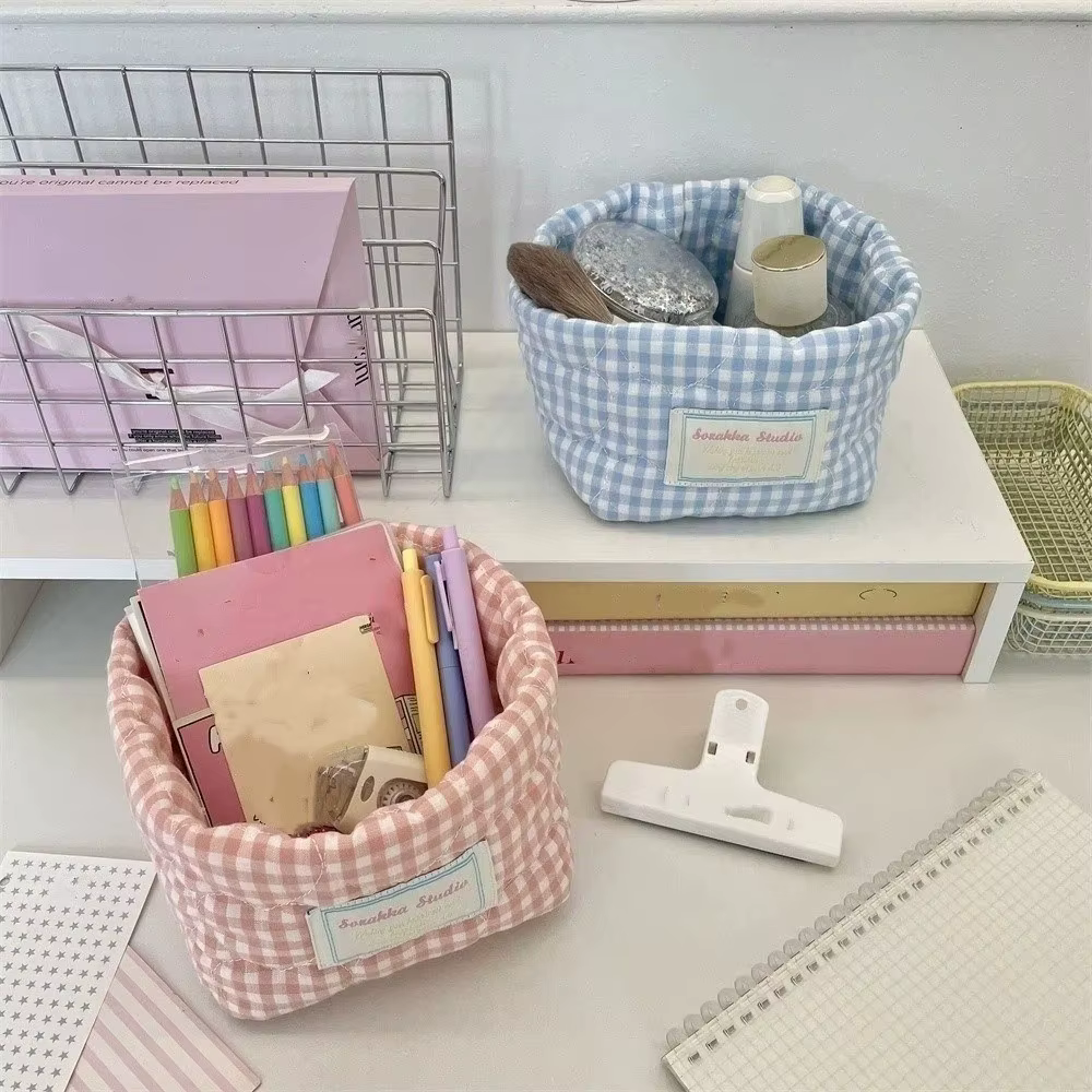 Panier de rangement en tissu à carreaux et rayures