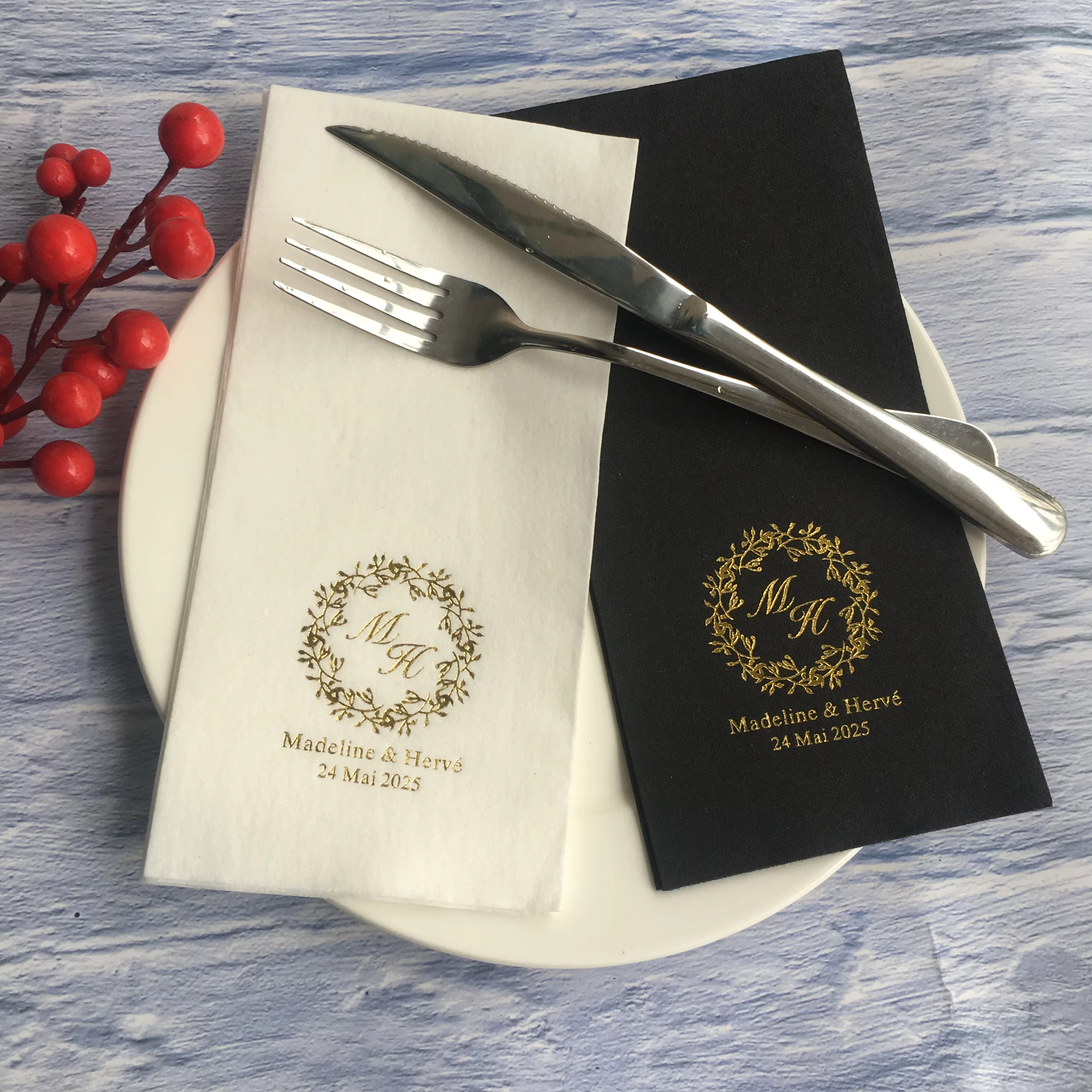 Serviettes de cocktail de mariage en aluminium monogramme 90 pièces