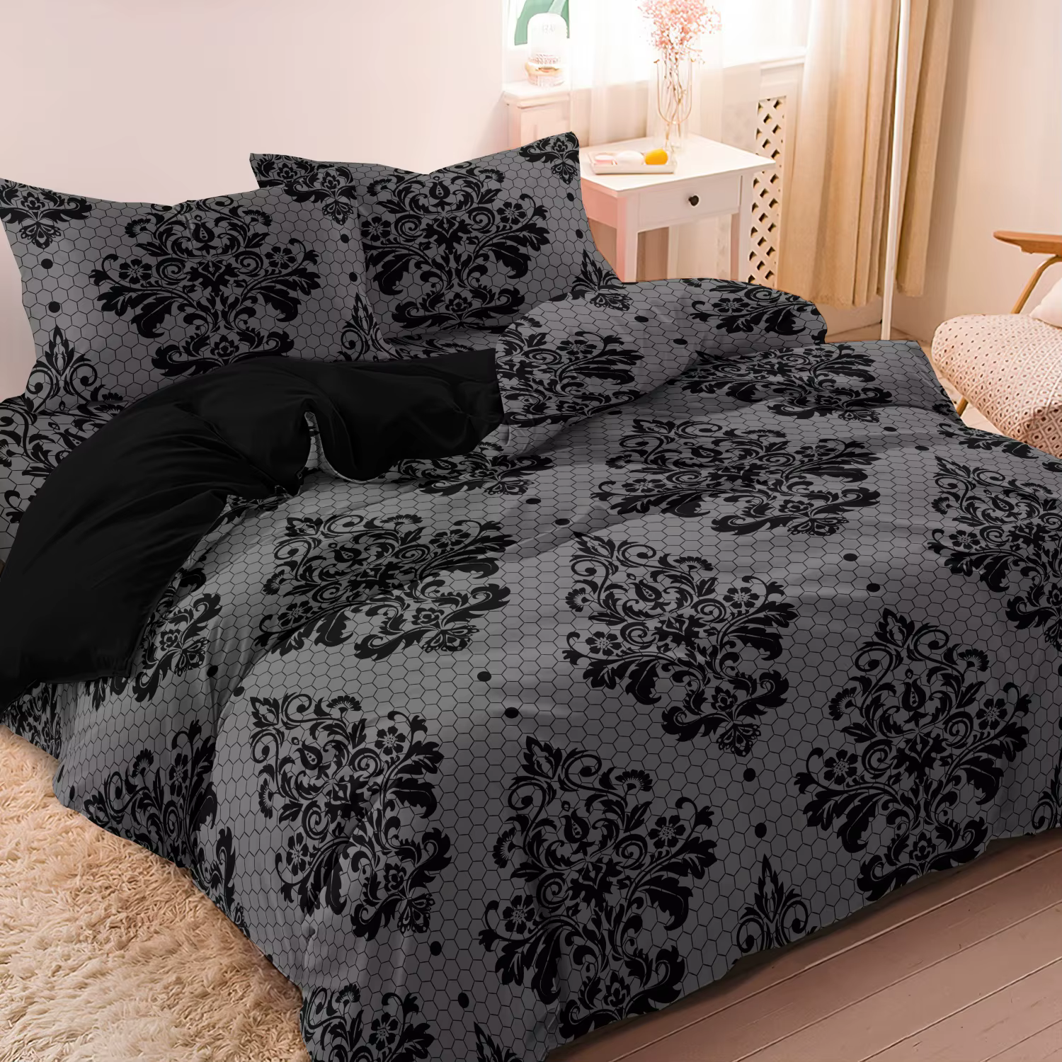 Housse de couette à motif damas noir sur fond gris (inclut 1