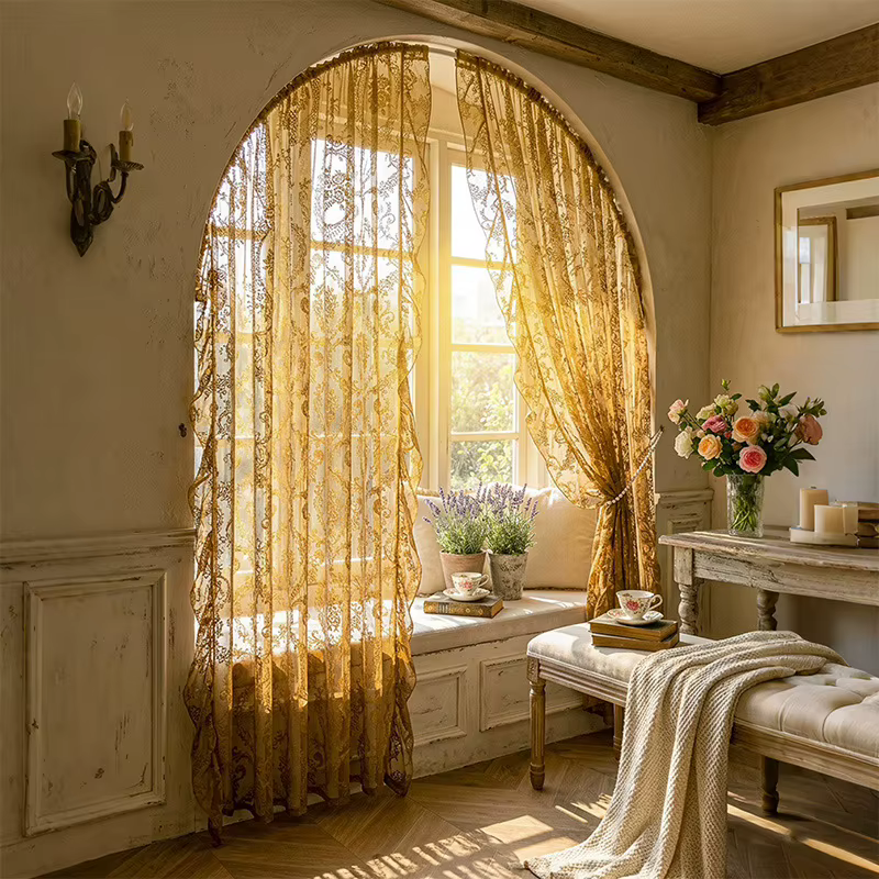 Voilages en dentelle française style princesse pour salon et salle à manger – Rideaux élégants en tulle blanc uni à volants