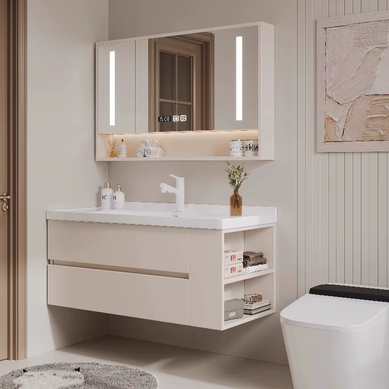 Meuble de salle de bain suspendu au-dessus du miroir