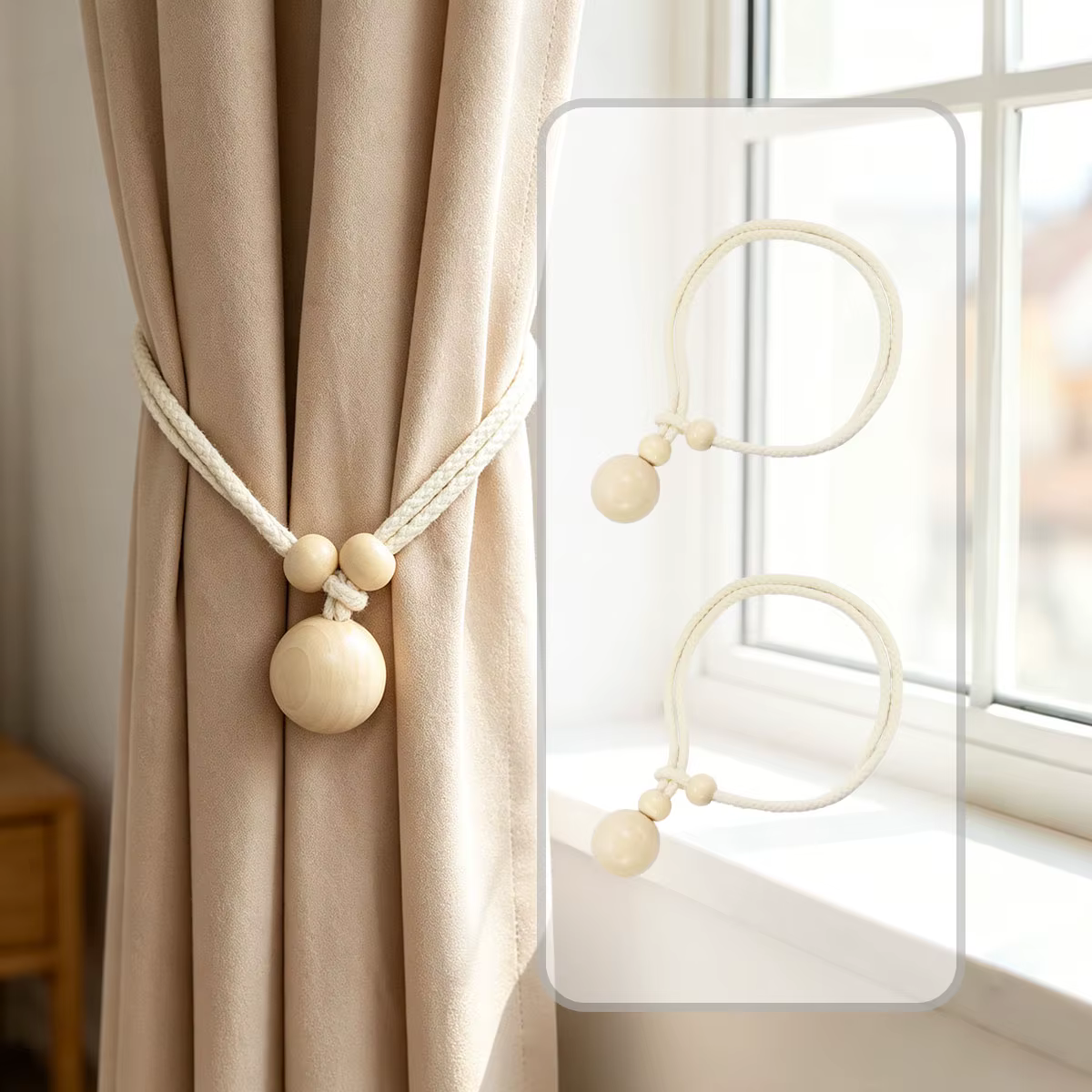 2 attaches élastiques pour rideaux en perles de bois naturel