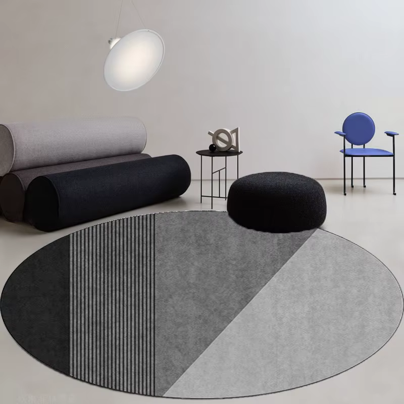 Tapis rond Mid-Century Sunburst bleu foncé et doré
