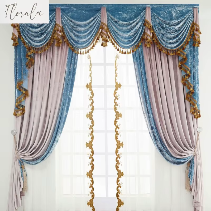 Rideaux drapeaux en velours bleu gris