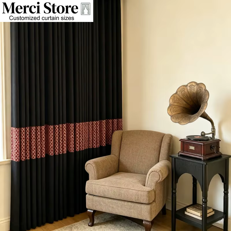 Rideaux en brocart jacquard chenille français rétro contrastant noir et rouge pour la décoration du salon