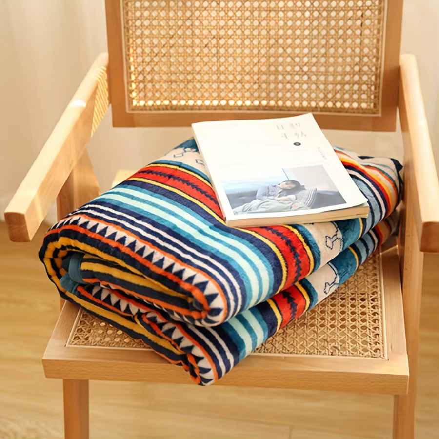 Couverture polaire à rayures nordiques – Style Boho épais et chaud double couche pour canapé