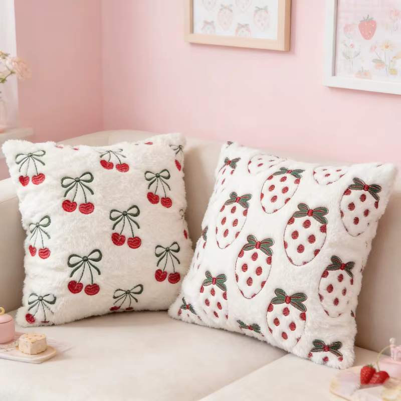 Housse de coussin en peluche brodée cerise fraise