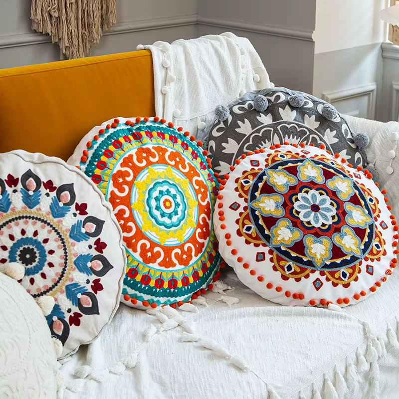 Marocain ethnique rond housse de coussin Mandala broderie florale décor à la maison salon coton canapé jeter taie d'oreiller boule indien décoratif