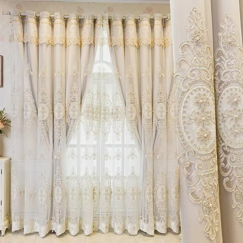 Rideaux de luxe double couche brodés de fleurs en relief