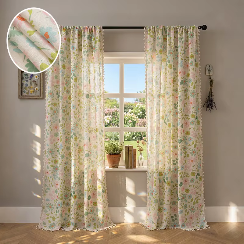 1PC Rideau floral pastoral semi-transparent en lin pour décoration intérieure