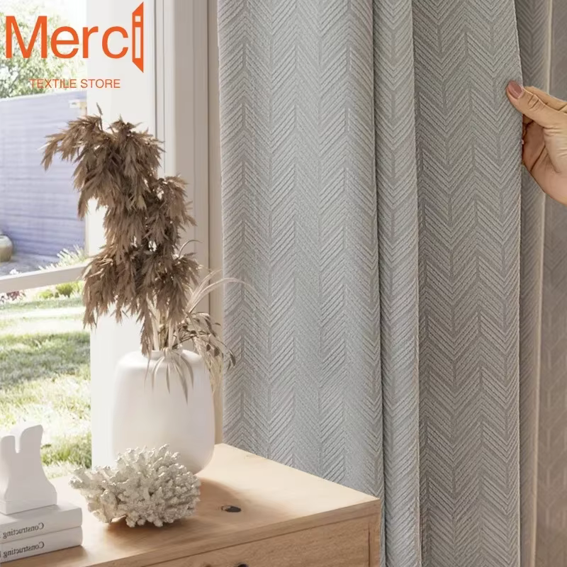 Rideau de luxe français rétro Chenille à chevrons Jacquard gris clair