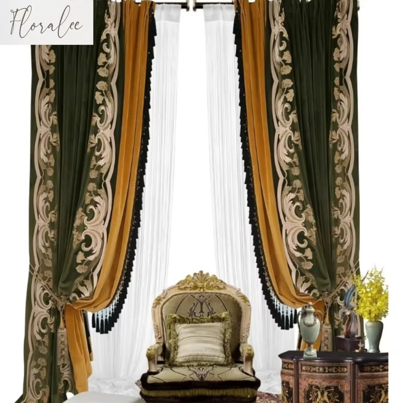 Rideaux américains pour salon haut de gamme luxe rétro vert velours