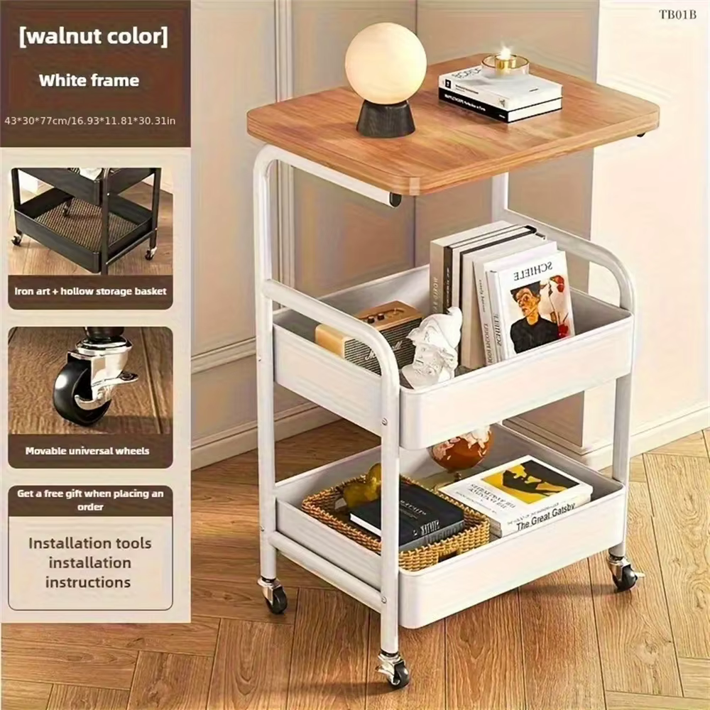 Étagère de rangement mobile à 3 niveaux avec plateau en bois massif