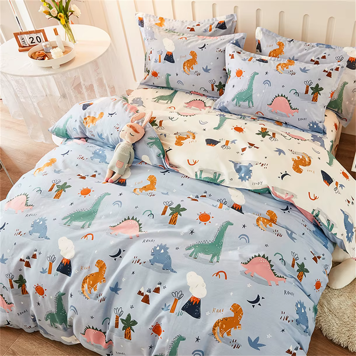 Ensemble de housse de couette pour enfants avec motif de dinosaure de dessin animé mignon