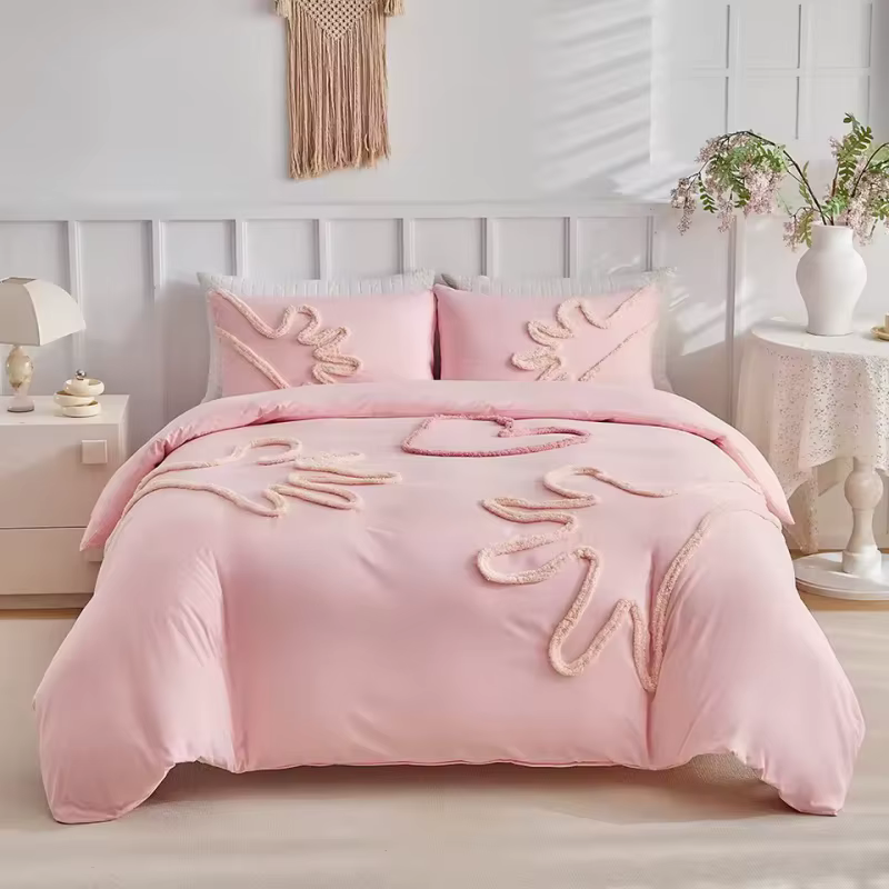 Kaki touffeté amour main housse de couette ensemble 2/3 pièces doux Polyester