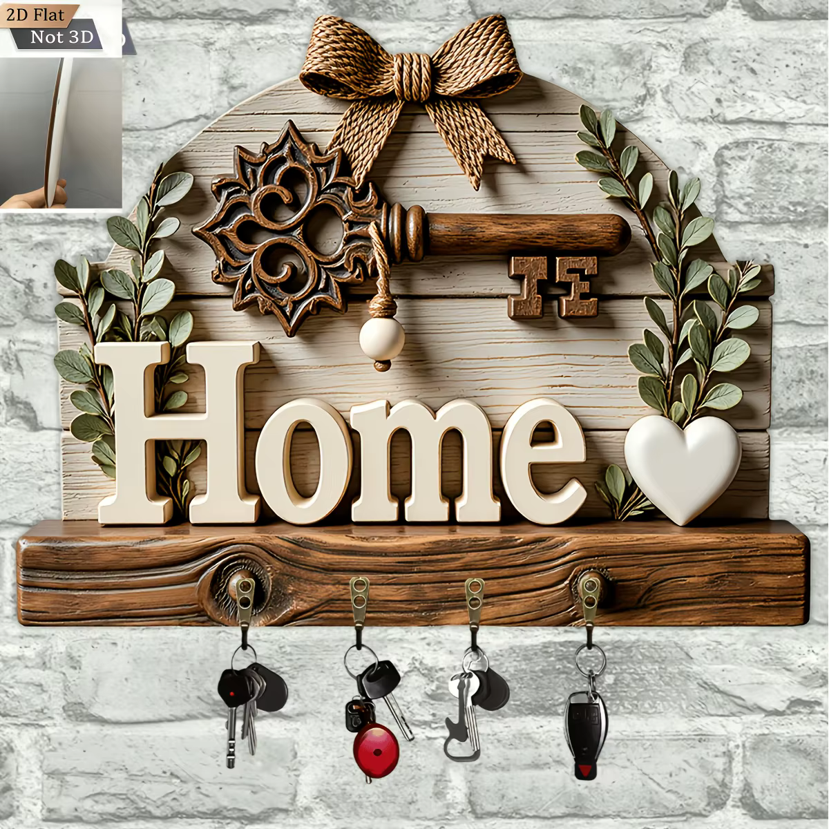 Magnifique porte-clés mural 2D en bois blanc avec inscription « Home »