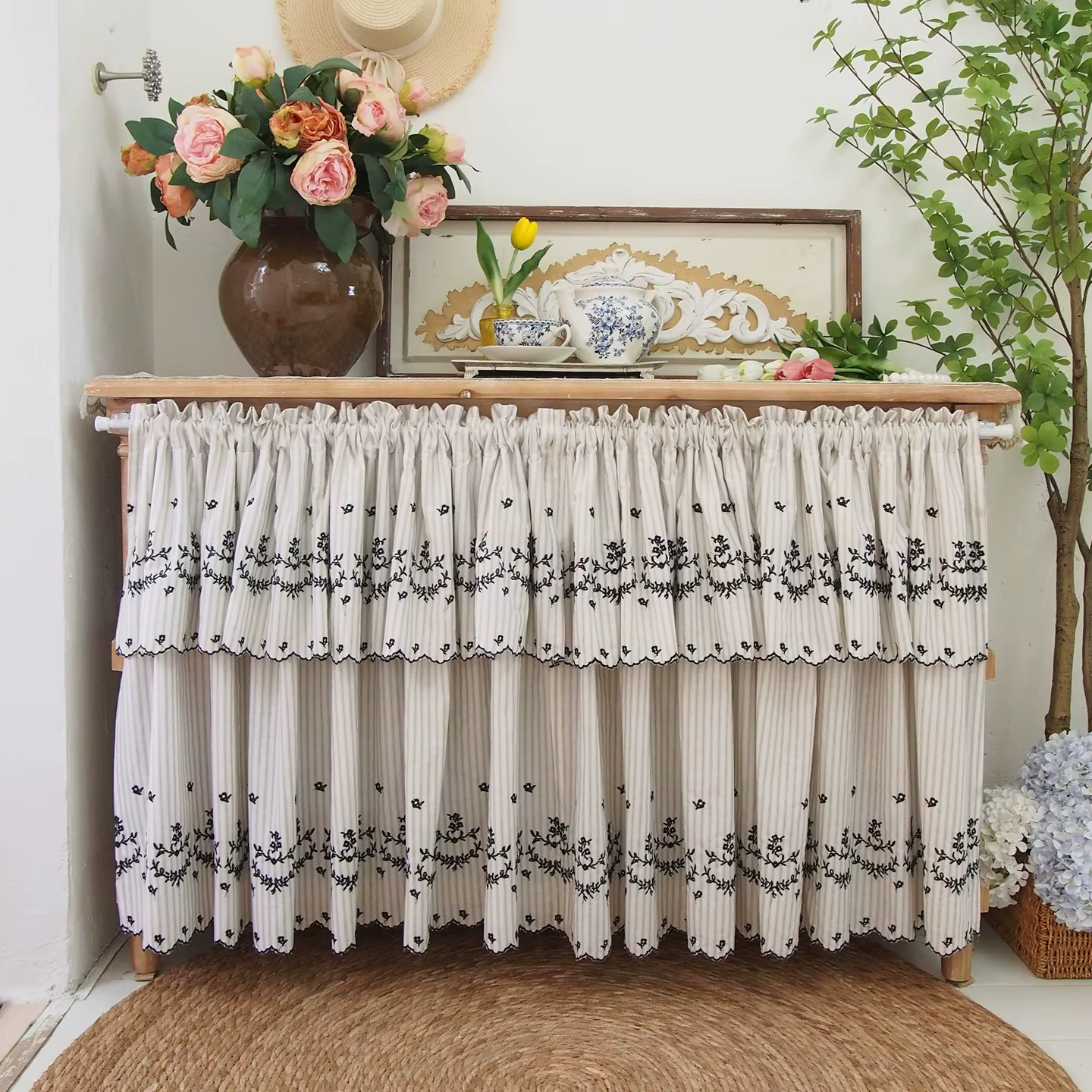 Rideau court Double couche à rayures verticales Vintage avec fleurs brodées