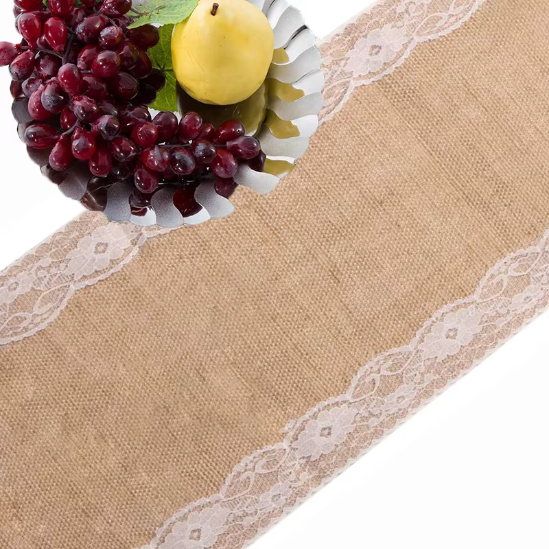 Holaroom-Nappe Vintage Rétro en Toile de Jute et Dentelle Blanche