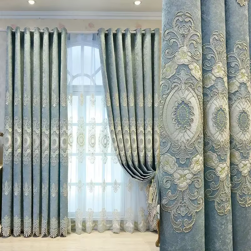 Nouveaux rideaux brodés européens pour salon chambre Simple fil d'or étude haute occultement bleu clair personnalisation