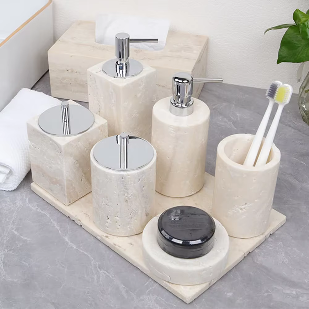 Ensemble d'accessoires de salle de bains en travertin Beige