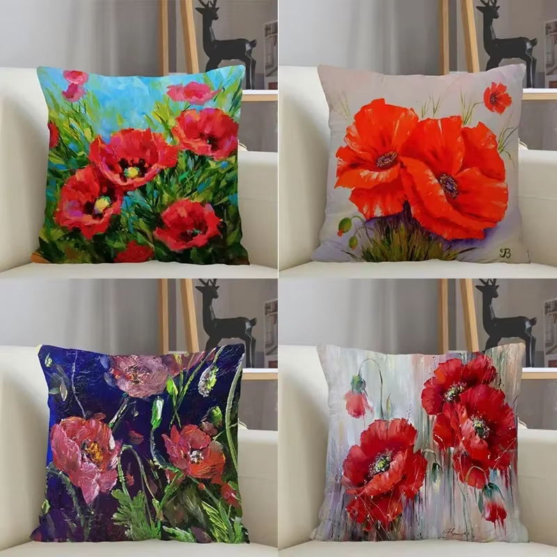 Taie d'oreiller carrée coquelicot personnalisée