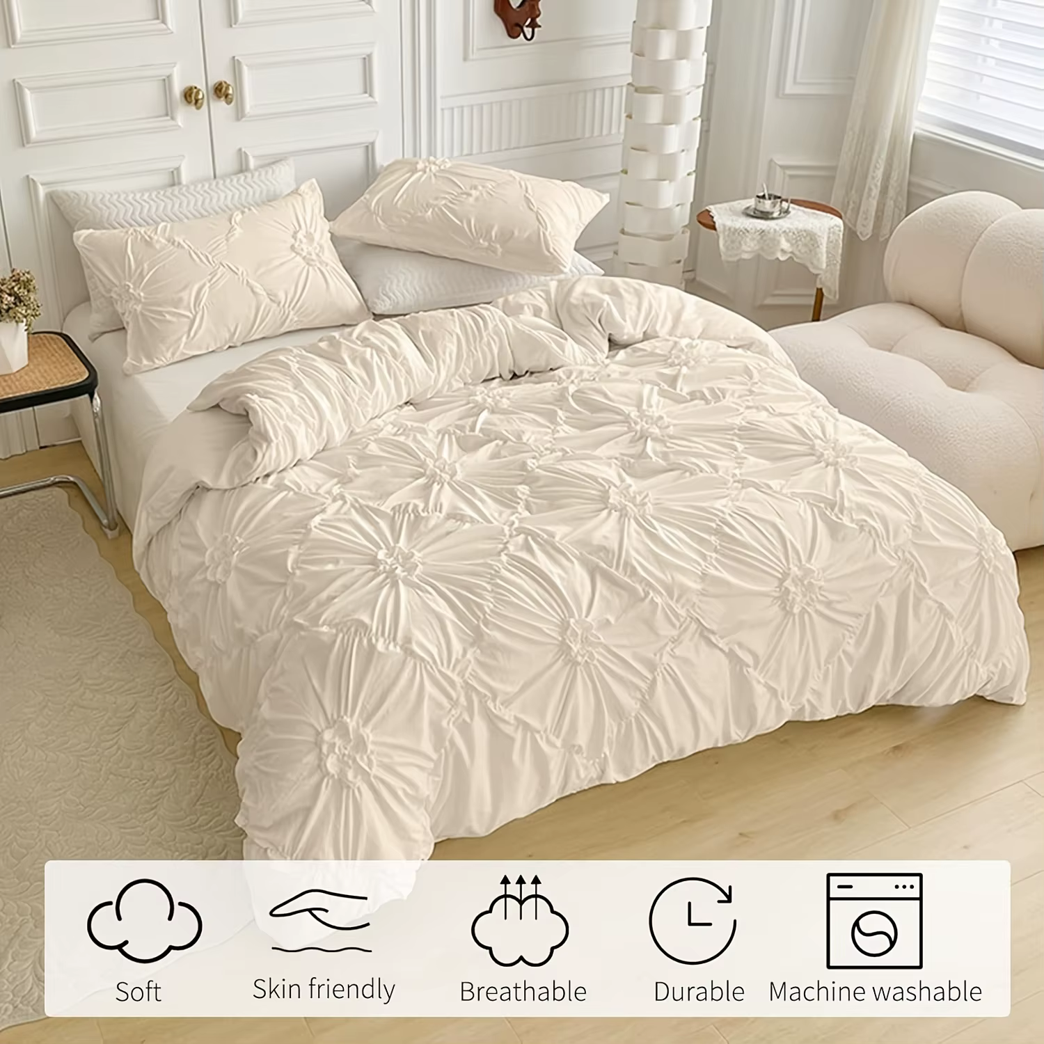 Ensemble de housse de couette à fleurs tridimensionnelles Beige