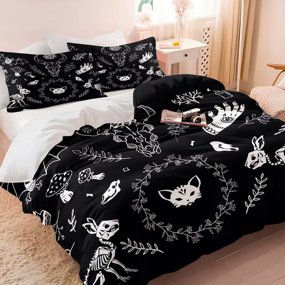 Parure de lit gothique occulte à motif crâne (1 housse de couette et 1/2 taie d'oreiller) – Collection Dark Academia