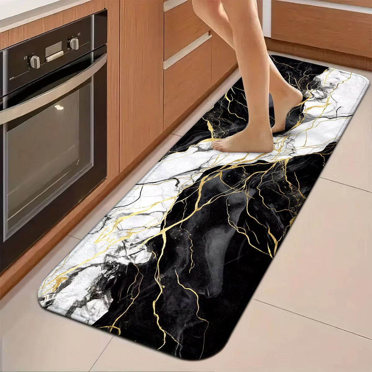 Tapis de cuisine à motif marbré blanc
