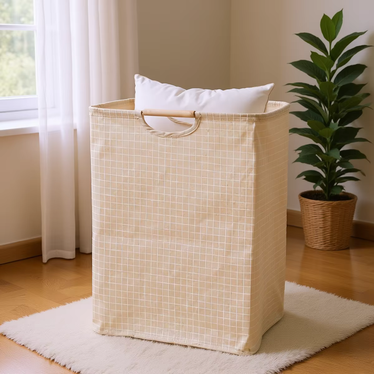 Panier à linge en coton et lin pliable avec doublure imperméable et poignées en bois pour chambre
