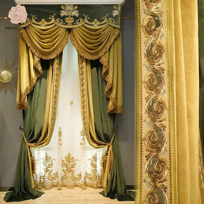 Rideaux brodés en velours vert Olive européen