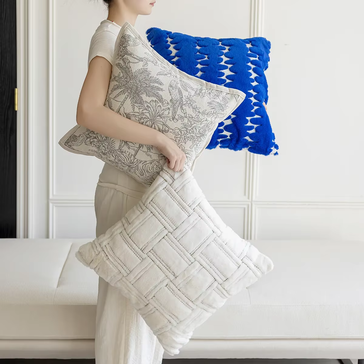 Juste de coussin en peluche bleu royal
