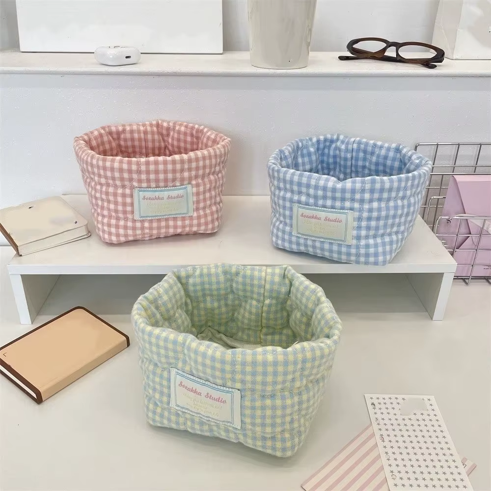 Panier de rangement en tissu à carreaux et rayures