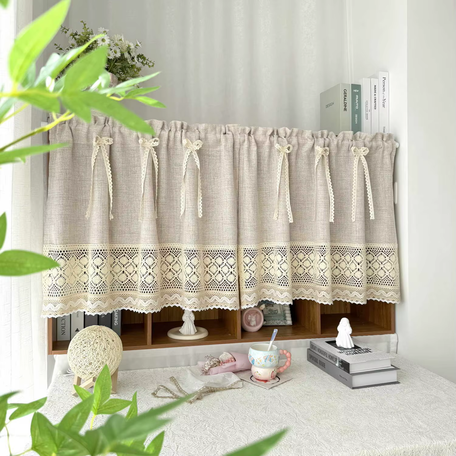 Rideaux courts beiges avec coutures en dentelle au Crochet style Boho