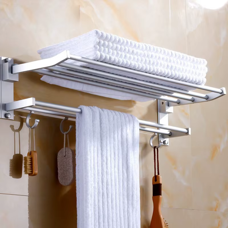 Porte-serviettes mural pliable en aluminium mat de 50 cm - Étagère de douche avec crochet
