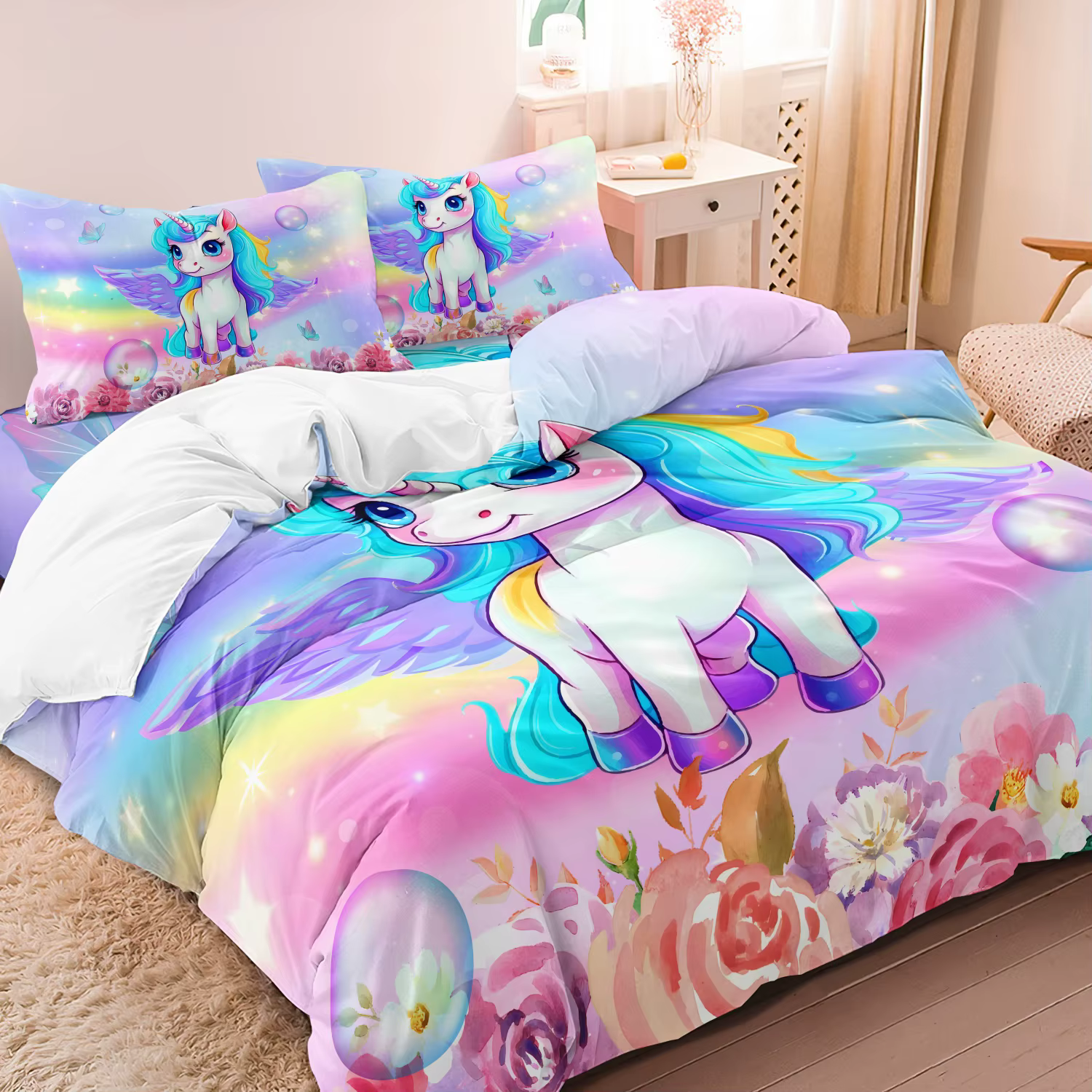 Ensemble de 3 pièces de housse de couette imprimée licorne rose et violette