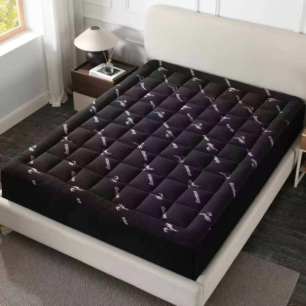Protège-matelas matelassé épais en bambou noir