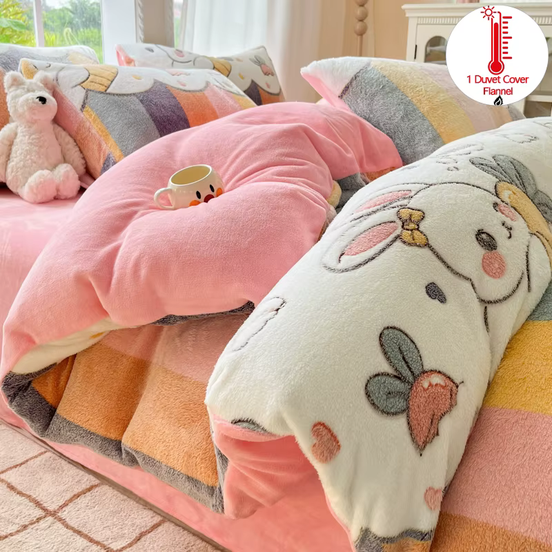 Housse de couette en flanelle imprimée lapin de dessin animé mignon 1 pièce – literie en peluche ultra douce et chaude