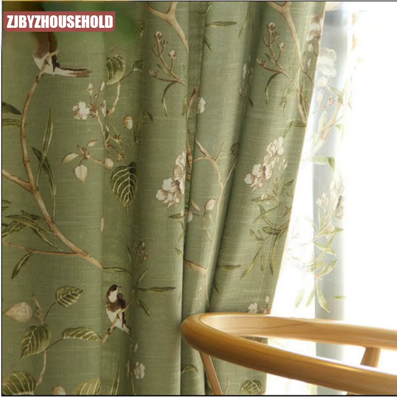Rideaux de pays américain pour salon chambre coton lin vert fenêtre oiseaux branche imprimé