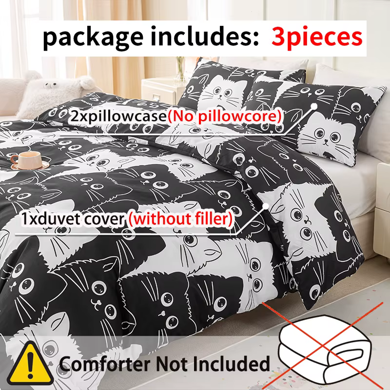 Ensemble de housse de couette imprimé chat 3 pièces
